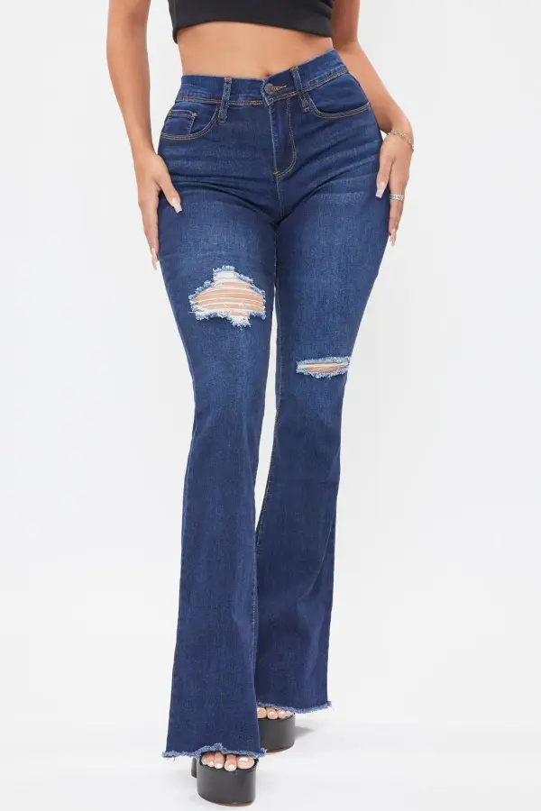 High Waist Button Flare Leg Jeans