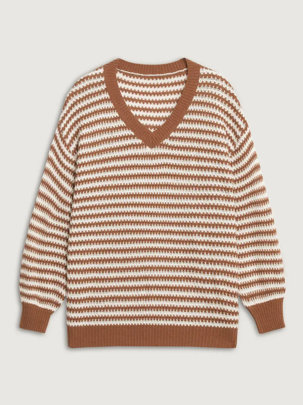 Striped Textured Ribbed Hem V-Neck Pullover