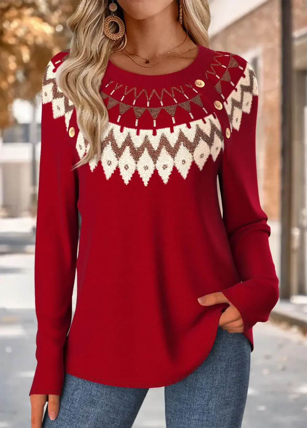 Wine Red Tummy Coverage Geometric Print T Shirt