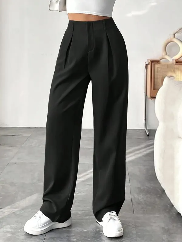 Women's Solid Wide Leg Pants: Pleated Pocket, Zipper Fly (Work/Office, Spring/Fall)