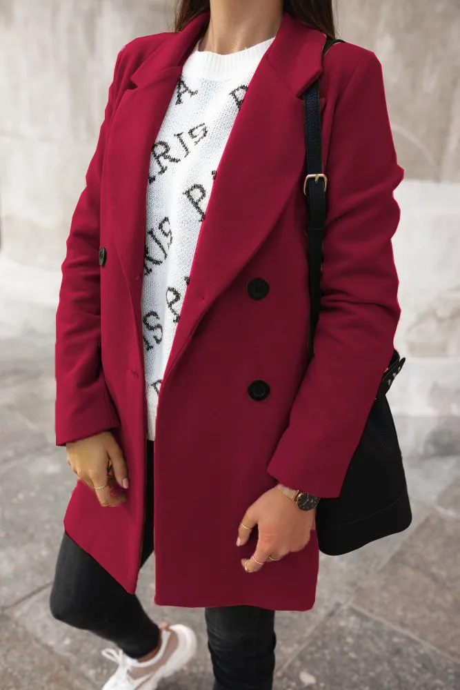 Solid Suit Collar Double Breasted Coat