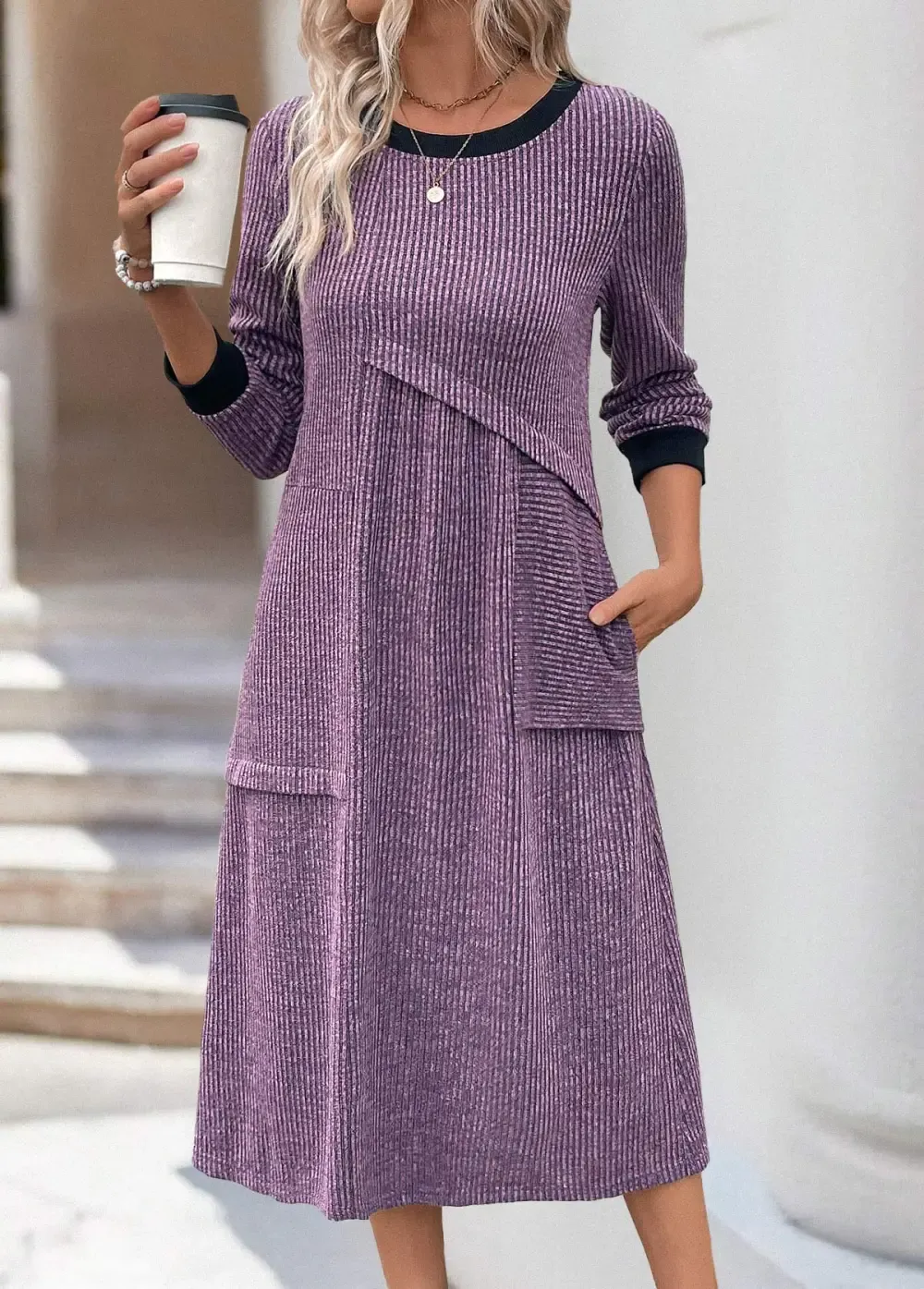 Dusty Purple Patchwork A Line Long Sleeve Dress