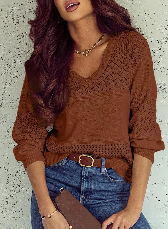 Womens Sweaters Casual Long Sleeve V Neck Lightweight Crochet Pullover Sweater Tops