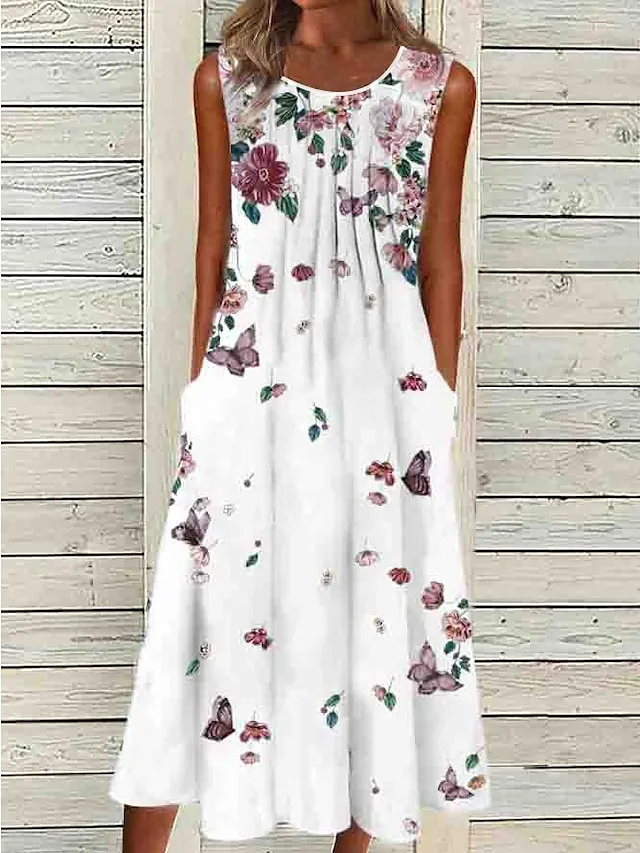 Women's Casual Dress Shift Dress Midi Dress White Green Gray Sleeveless Floral Ruched Summer Spring Crew Neck Basic 2023 S M L XL XXL 3XL