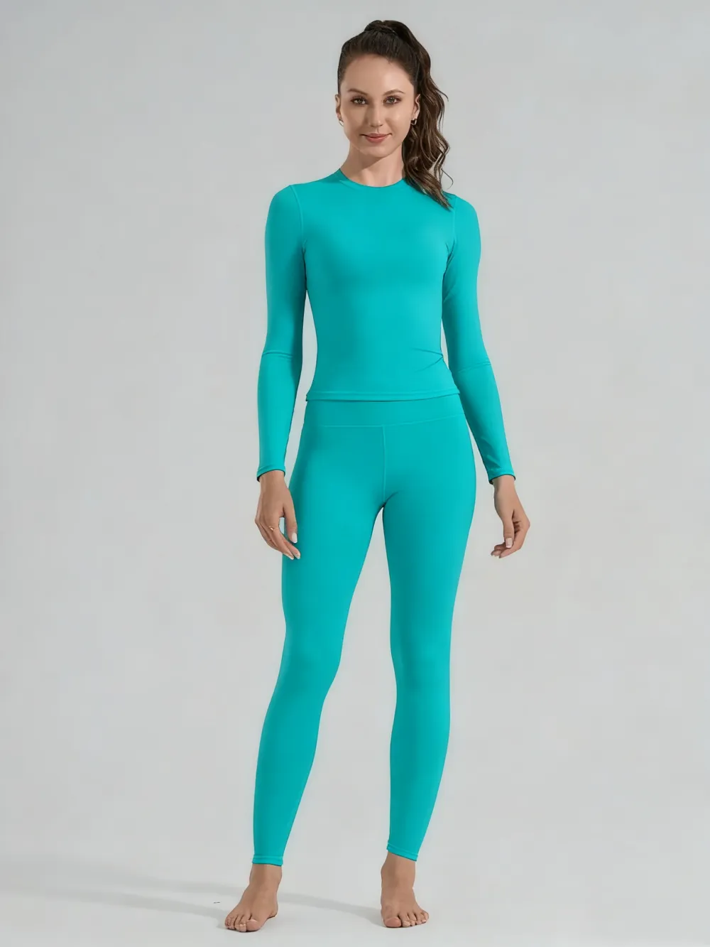 Women's Solid Long Sleeve Tee & High Waist Leggings Sportswear Set