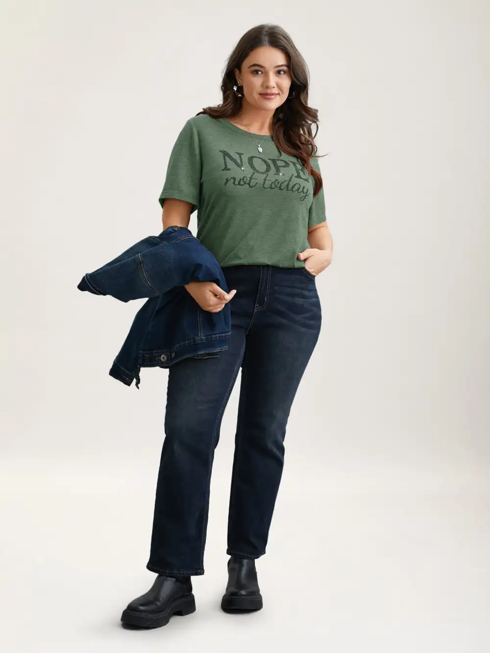 Nope Not Today Print Rhinestone Round Neck T-Shirt