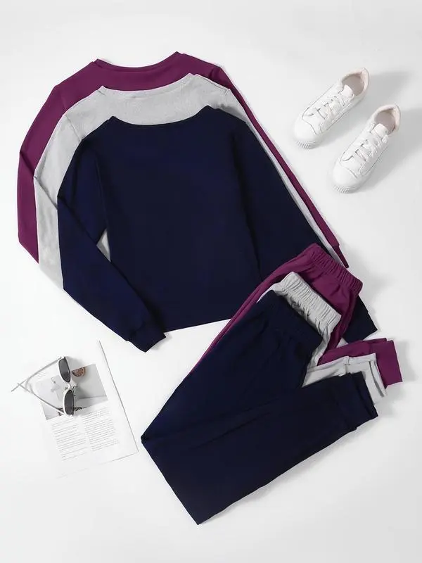 Women's lounge/pajama set: solid long-sleeve round-neck tee + tie-front elastic-waist pants, casual and comfy