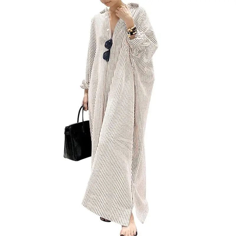Women's Striped Cotton Maxi Shirt Dress – Casual Loose Fit, Long Sleeve, Button Down