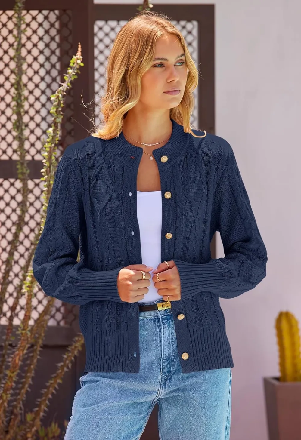 Women's 2024 Fall Long Sleeve Sweater Cardigan Cable Knit Open Front Button Outwear Coats