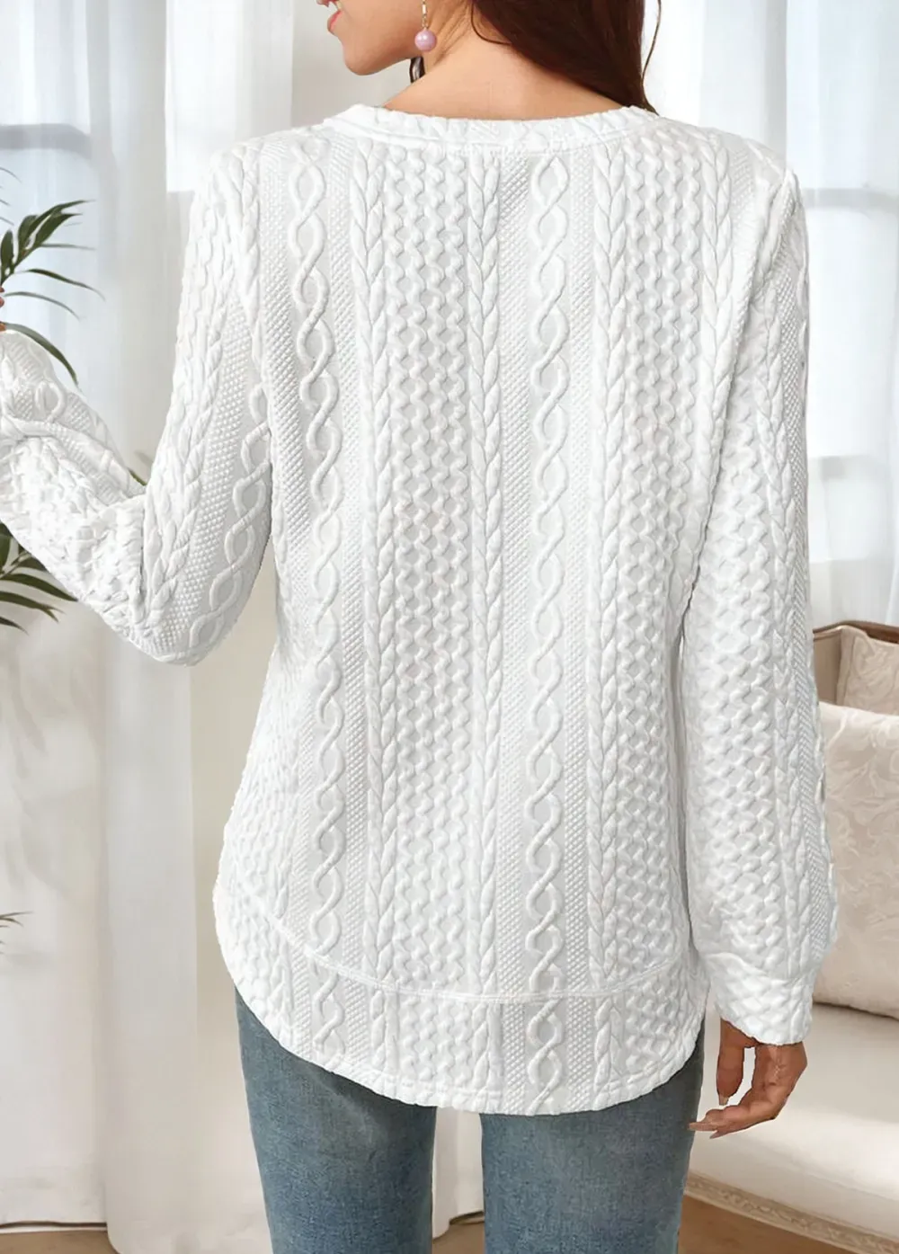 White Tummy Coverage Long Sleeve Round Neck Sweatshirt