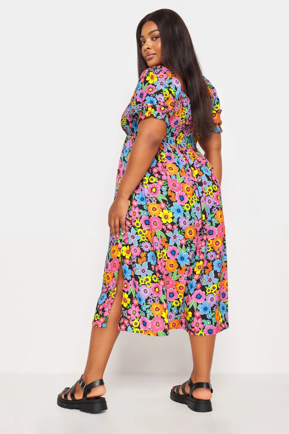 YOURS Curve Blue Floral Print Shirred Midaxi Dress