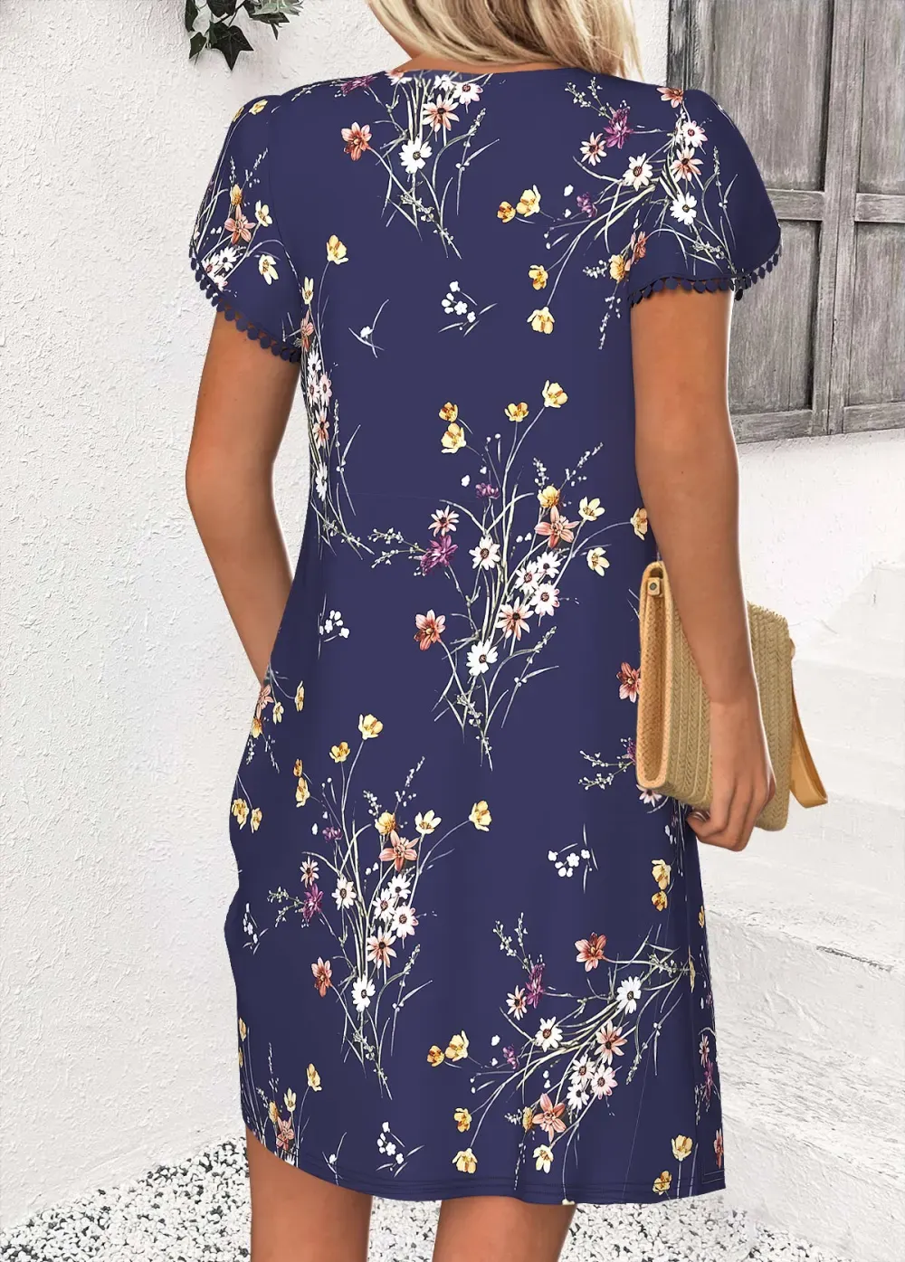 Navy Floral Print Short V Neck Dress