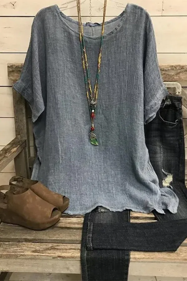 Solid Casual Round Neck Cotton & Linen T-shirt