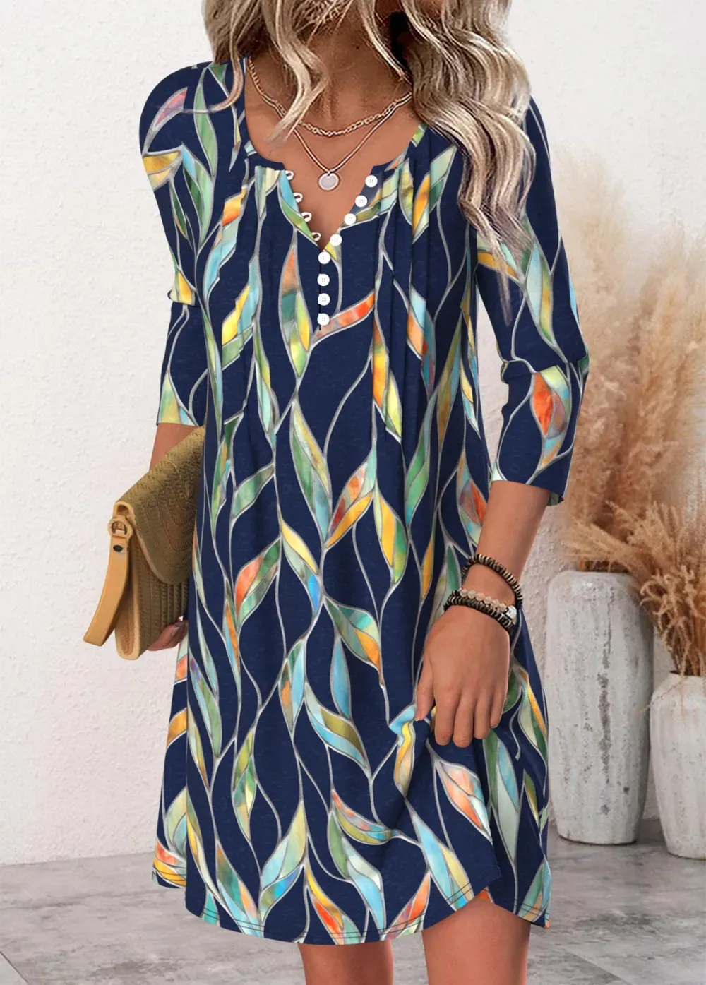 Navy Leaf Print Short Long Sleeve Split Neck Dress