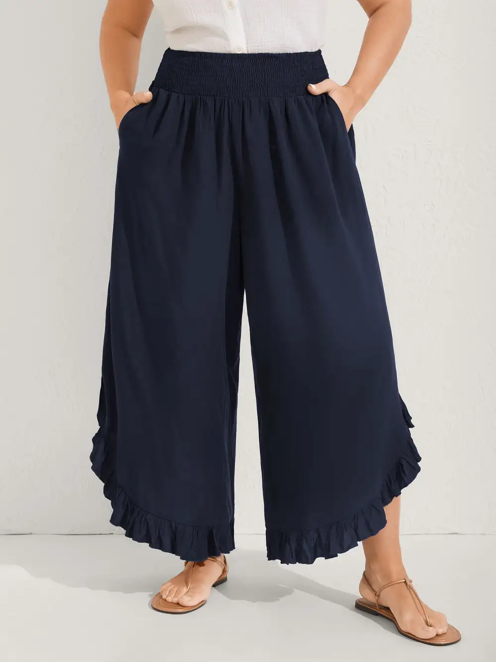 Ruffled Curvy Hem Wide-Leg Pants