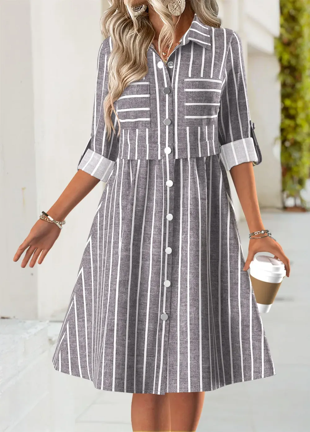 Dark Grey Marl Tummy Coverage Striped Long Sleeve Dress