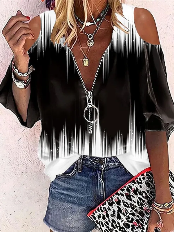 Women's Shirt Blouse Tie Dye Dandelion Print Quarter Zip Casual Basic Half Sleeve Half Zip V Neck Black