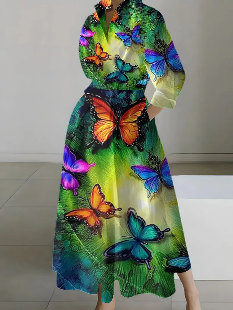Elegant senior autumn and winter long sleeve shirt dress butterfly butterfly pattern printed dress skirt umbrella skirt