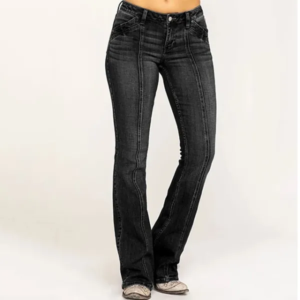 Women‘s Low Rise Jeans Flared Pants Bell Bottom Full Length Denim Side Pockets Wide Leg Micro-elastic Fashion Street Casual Blue Deep Blue S M
