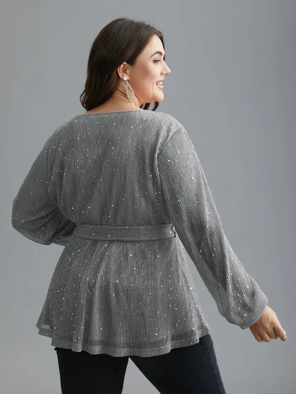 Sequin Mesh Lantern Sleeve Wrap Belted Striped Blouse