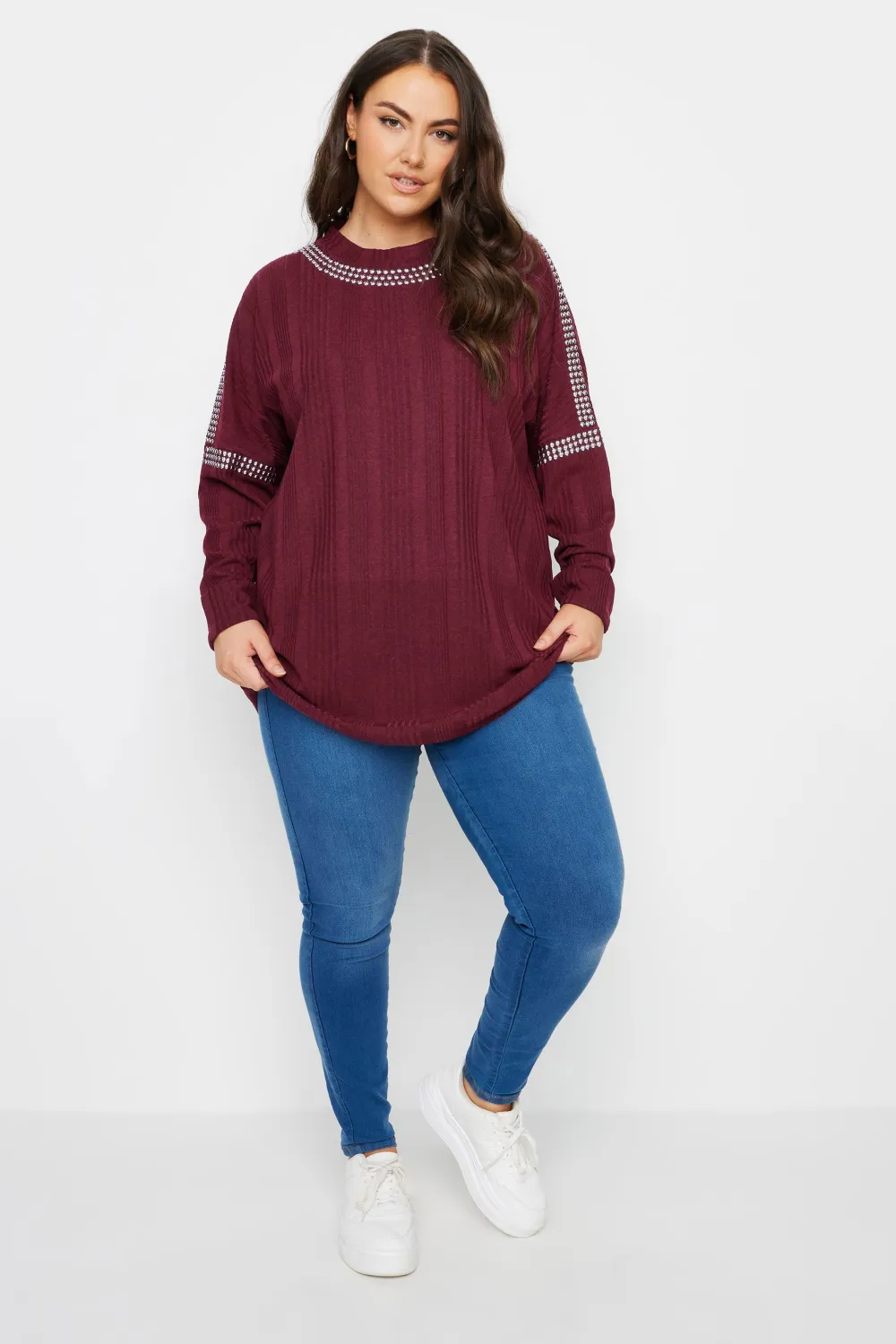 YOURS Curve Grey Stud Neckline Embellished Jumper
