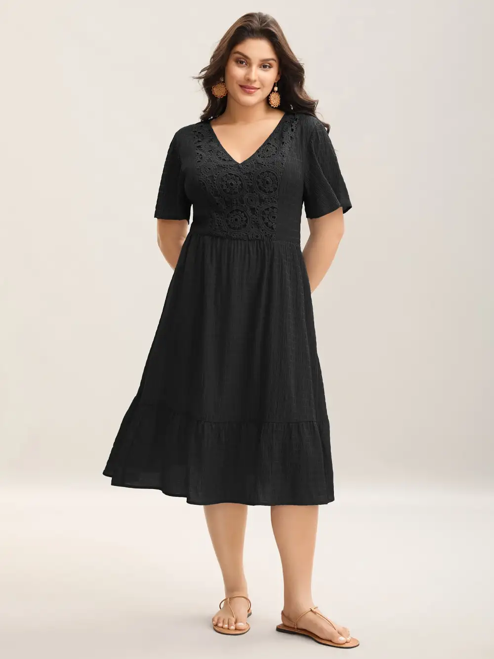 Lace Textured Pockets Tiered Midi Dress