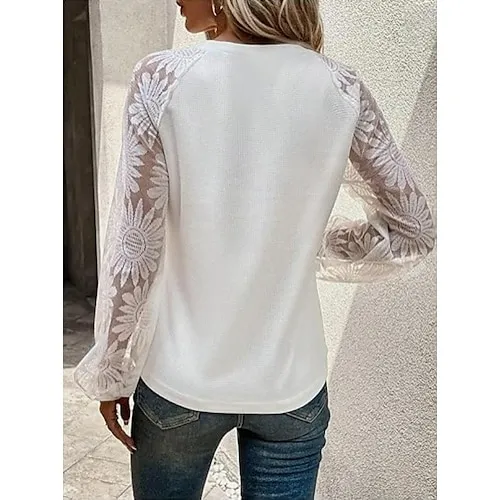 Women's Blouse Textured Ribbed Solid Color Eyelet Daily Elegant Stylish Puff Sleeve Long Sleeve