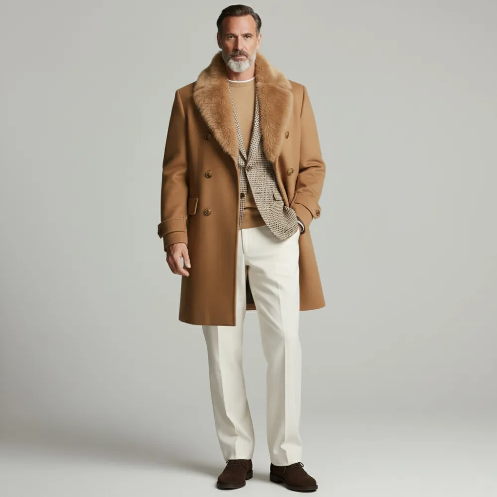 Men's Business Camel Double Breasted Furry Collar Long Sleeve Overcoat