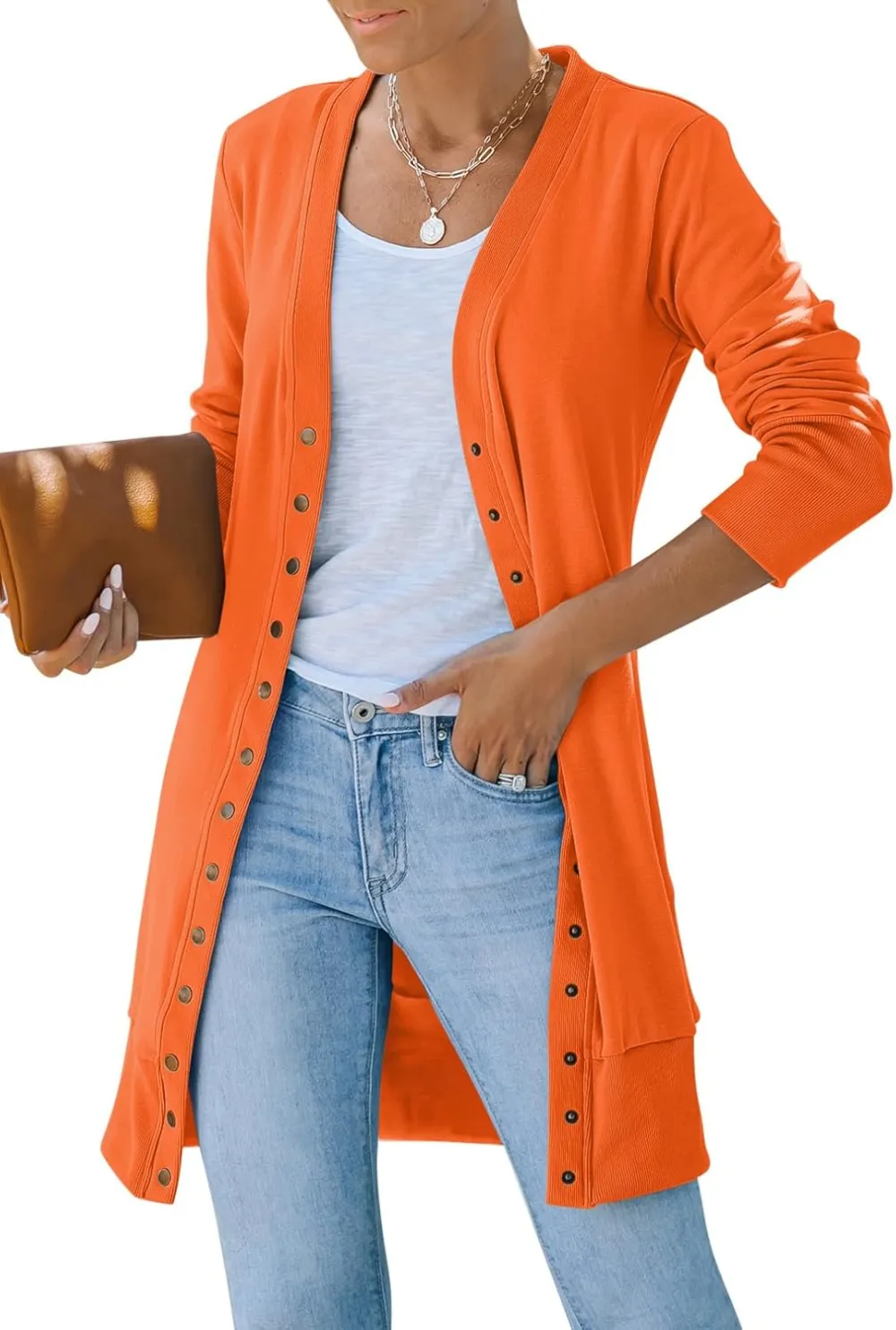Women's 2024 Fall Long Sleeve Snap Button Down Solid Color Knit Ribbed Neckline Cardigans