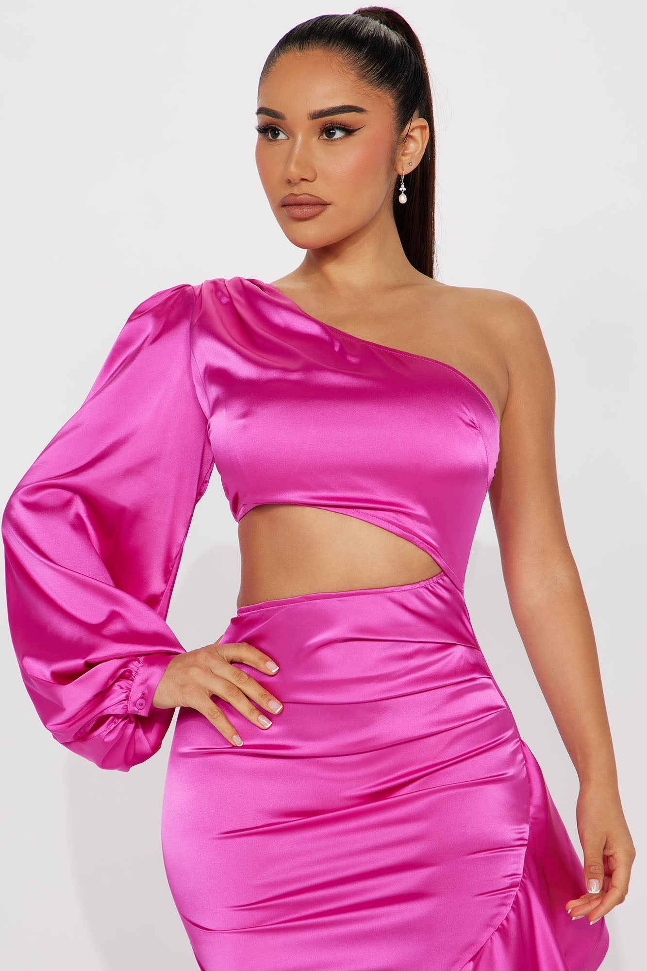 Genesis Ruffle Satin Maxi Dress - Fuchsia