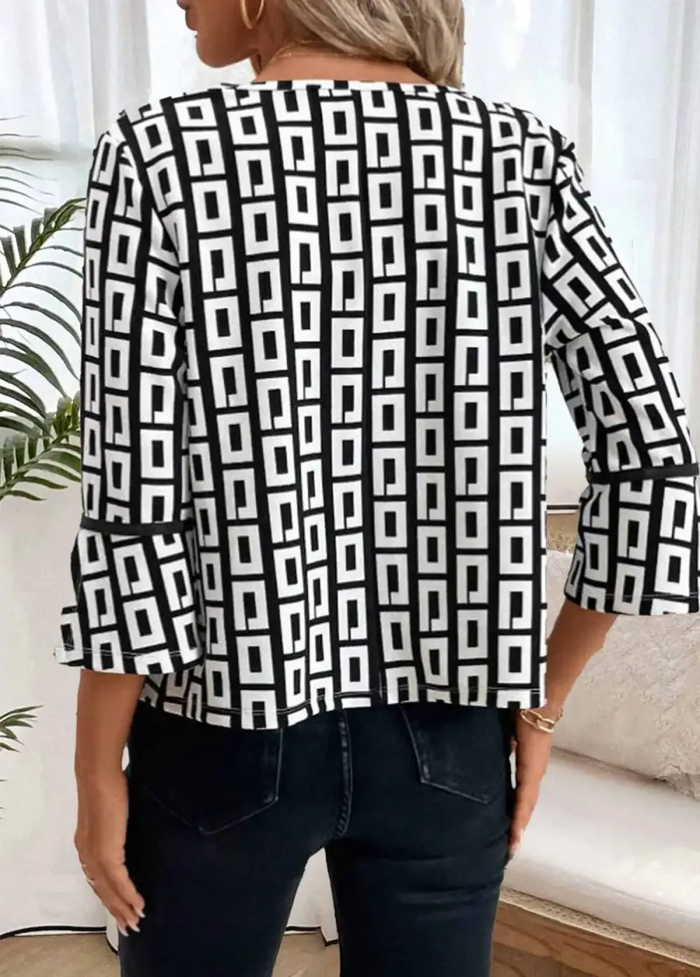 Black Geometric Print 3/4 Sleeve Coat