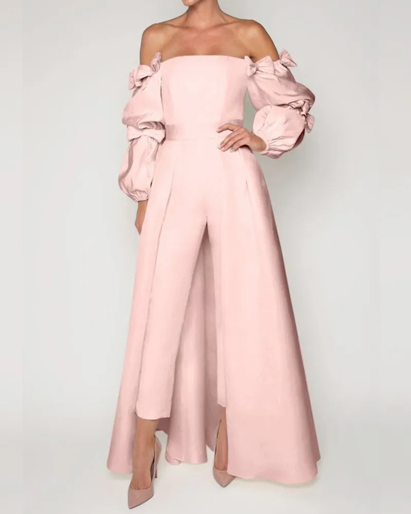Puff Sleeve Jumpsuit Bow Satin Brocade