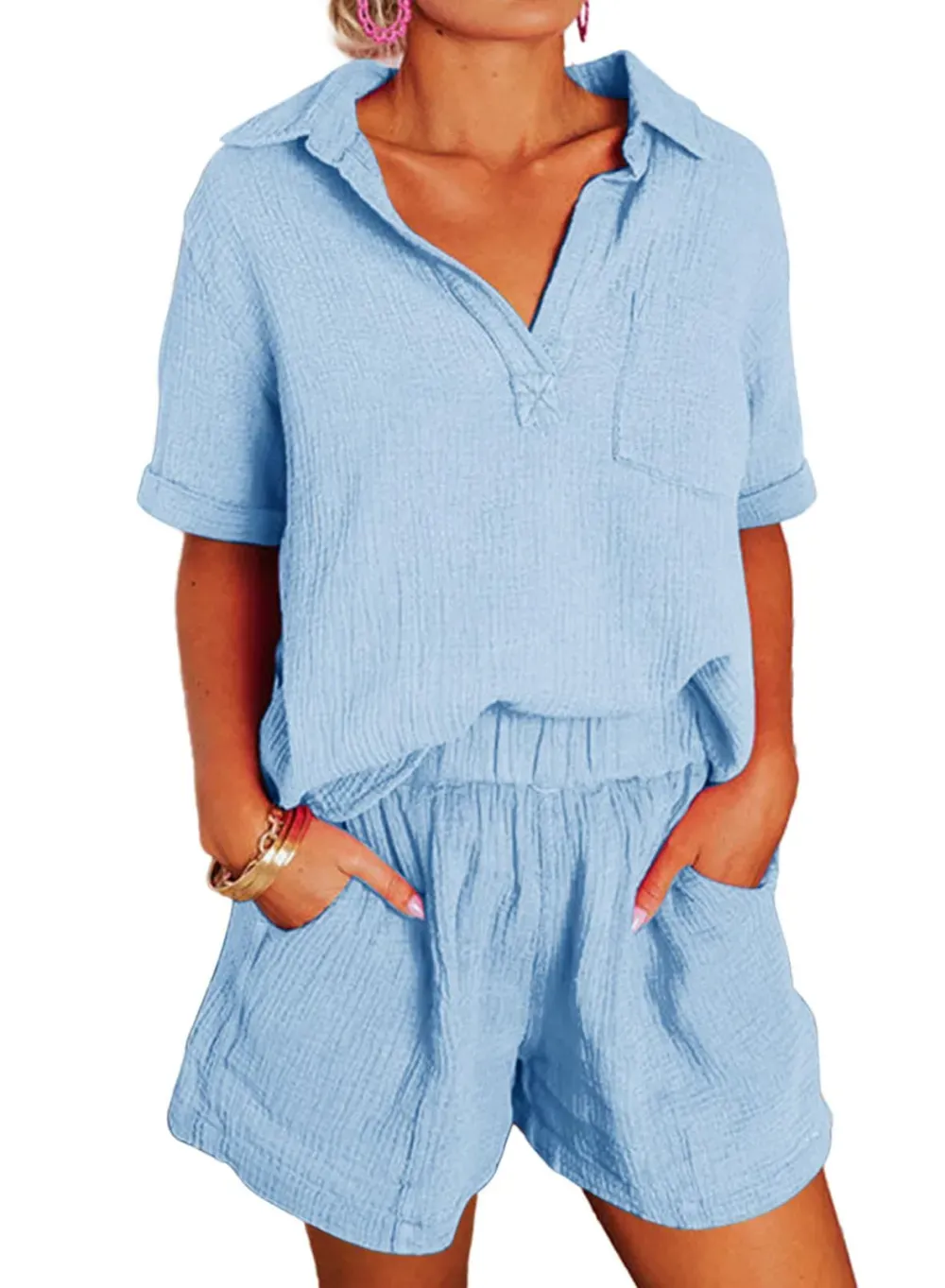 ✨Women's Two Piece Outfits V Neck Short Sleeve Shirts and High Waist Shorts Lounge Sets