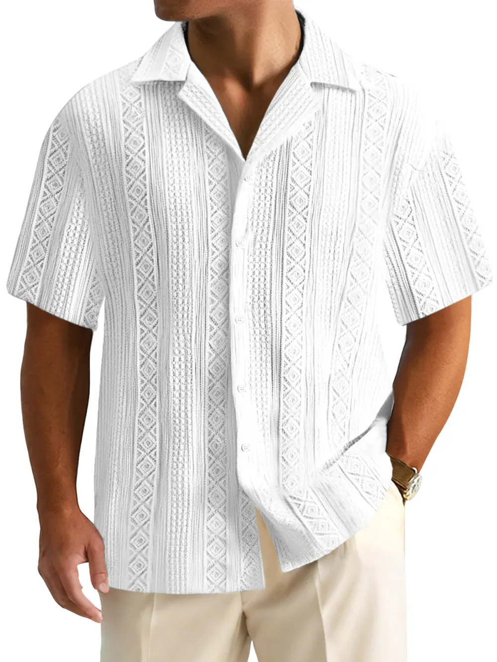 Men's Everyday Solid Color Textured Short-sleeved Cuban Collar Shirt