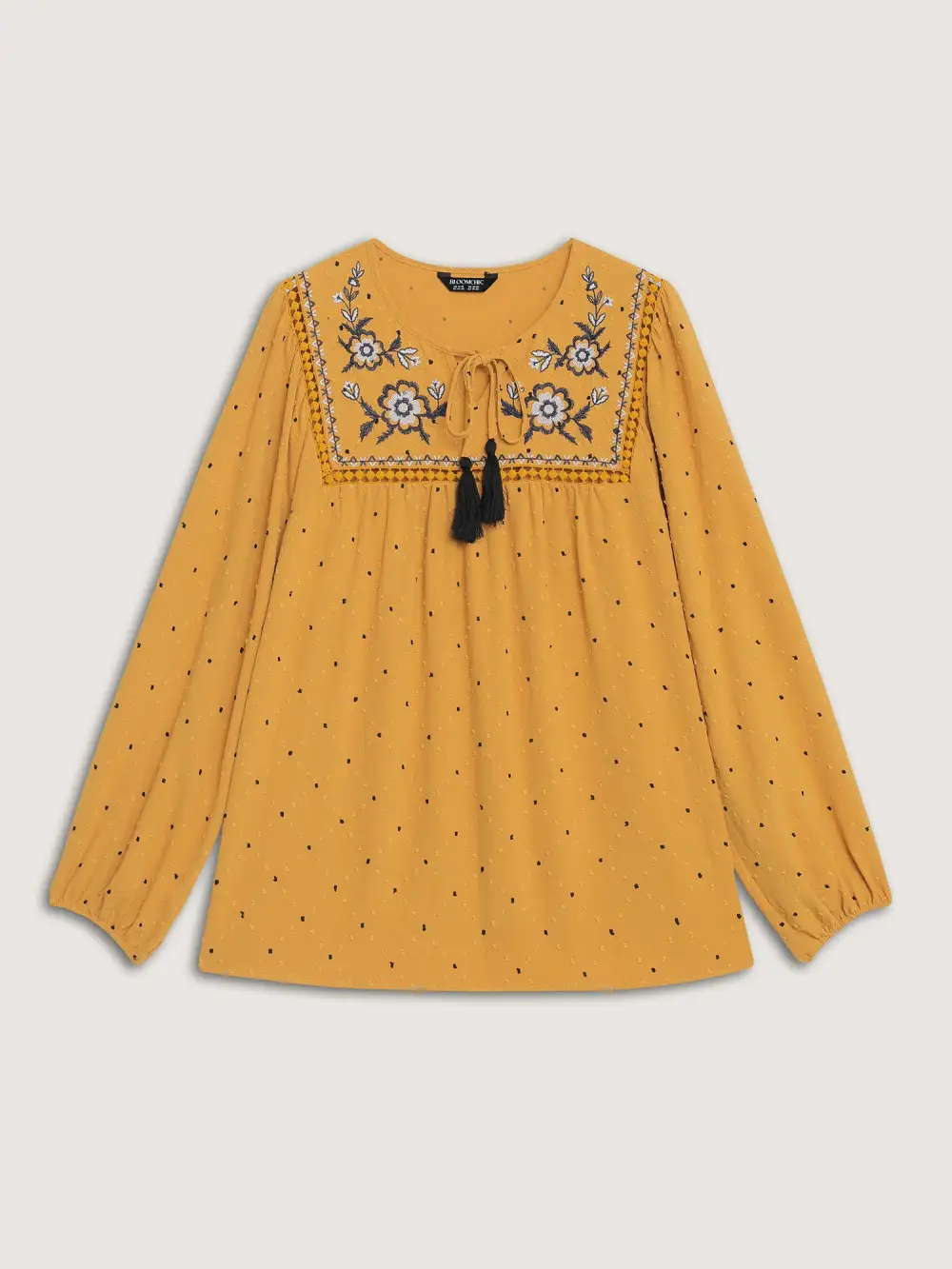 Textured Dot Embroidered Tassel Flowy Blouse