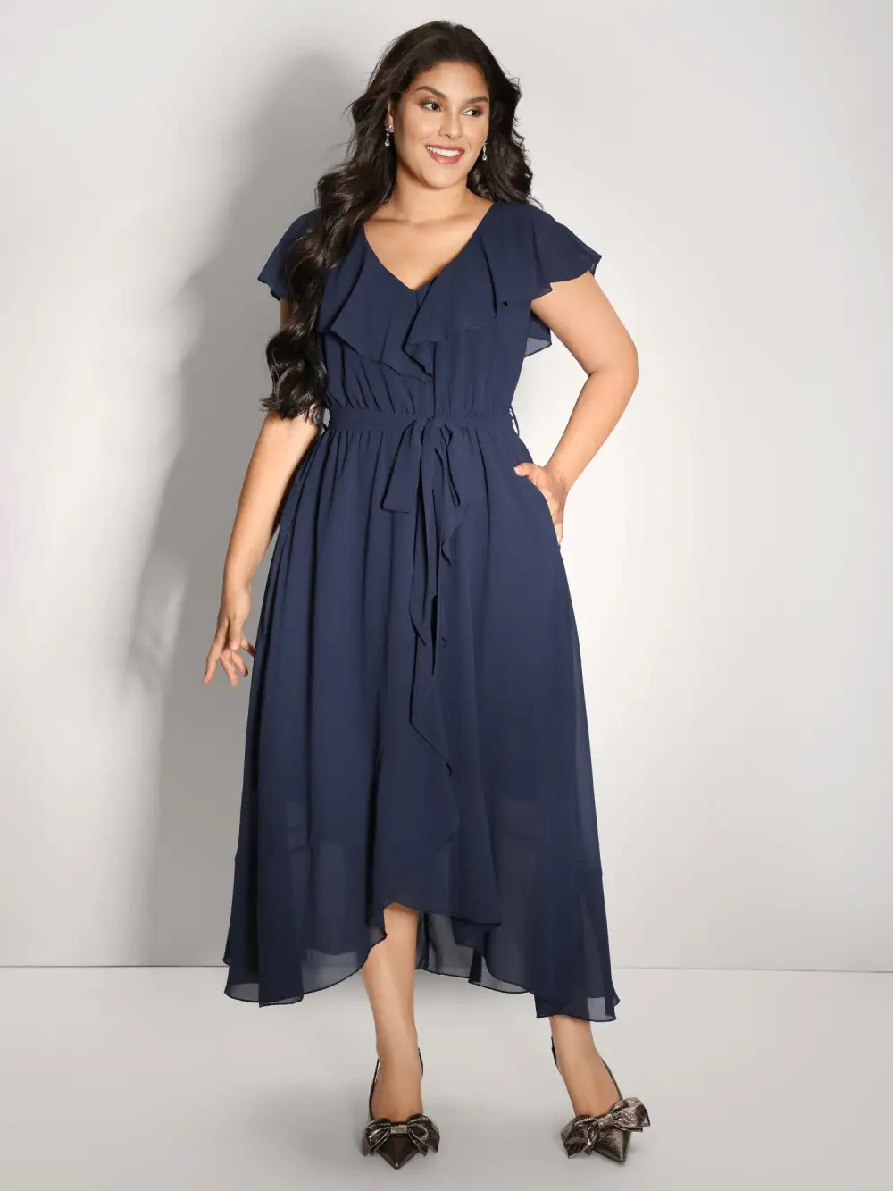 Belted Waist High Low Hem Midi Dress