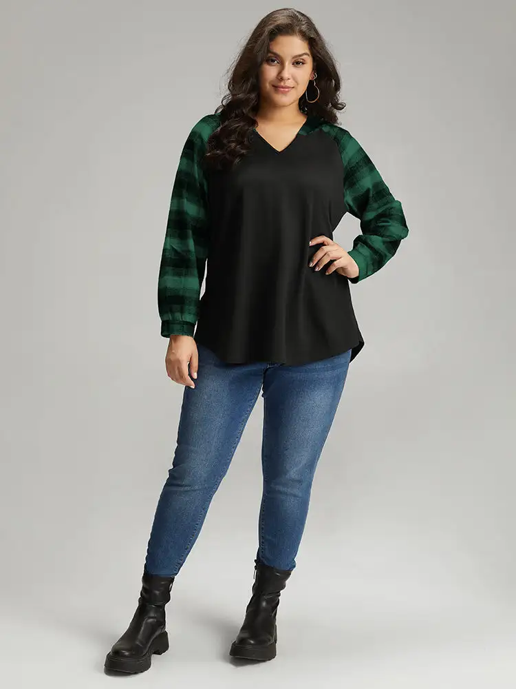 Plaid Print Hooded Patchwork Sweatshirt