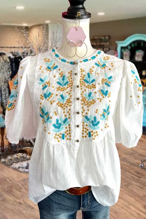 Floral Embroidered Bubble Sleeve Top