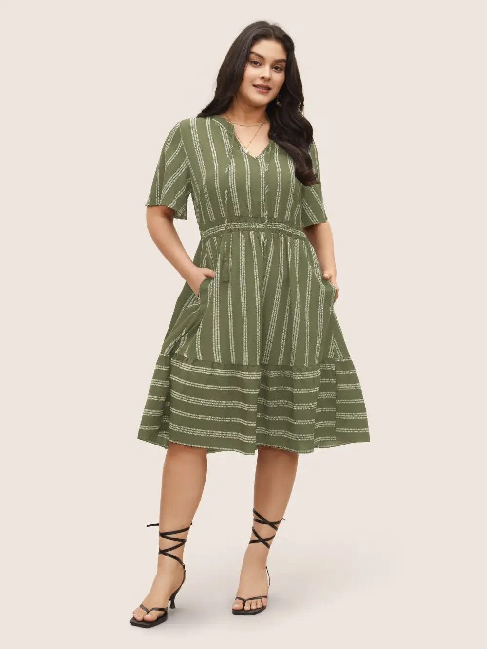 Striped Patchwork Tassels Ties Shirred Dress