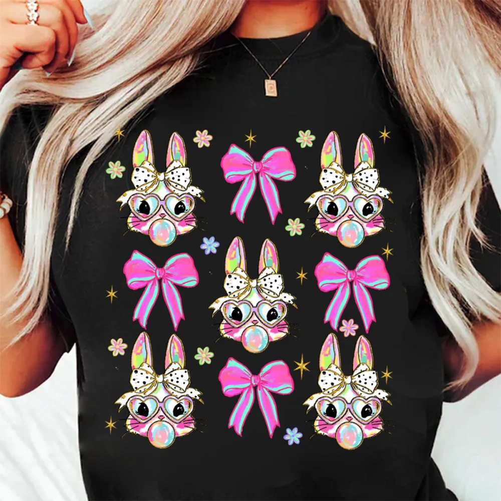T-shirt Easter Bunny Blowing Bubbles And Pink Bow Women Printed Round Neck Short Sleeve