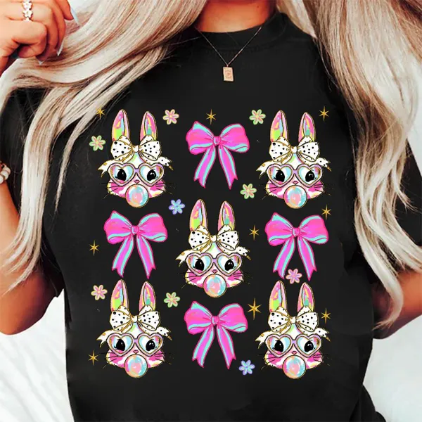 T-shirt Easter Bunny Blowing Bubbles And Pink Bow Women Printed Round Neck Short Sleeve