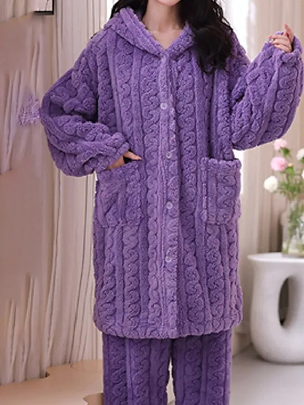 Women's Pajamas Sets Pure Color Warm Fashion Plush Home Daily Bed Coral Fleece Coral Velvet Warm Breathable Hoodie Long Sleeve Cardigan Pant Button Pocket Fall Winter Yellow Pink