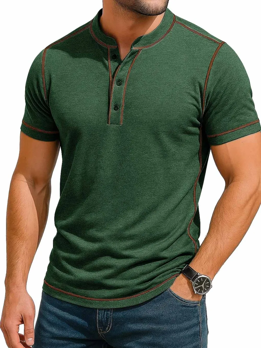 Men's Fashion Retro Contrast Color Line Short Sleeve Henley Shirt 