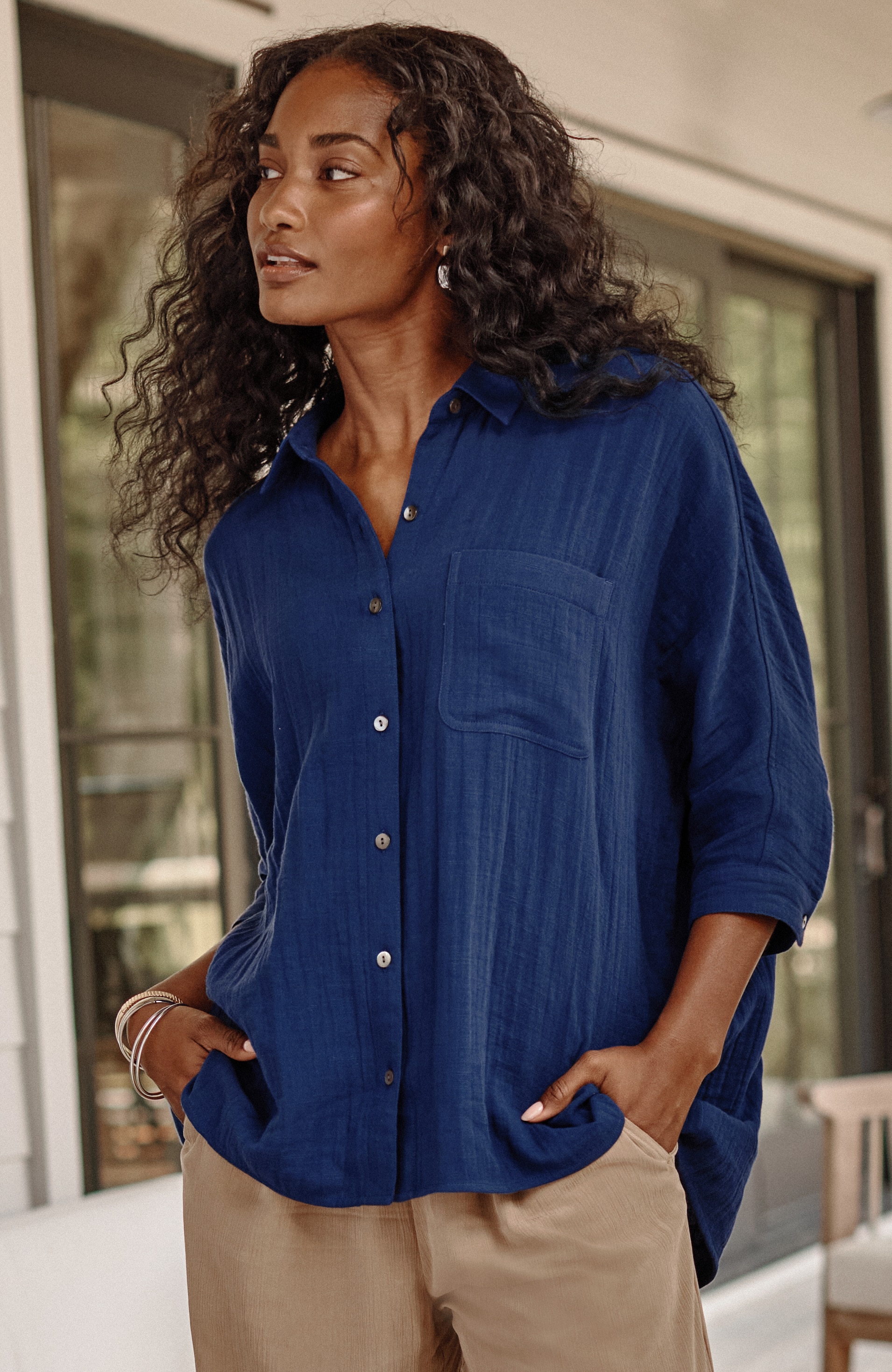 Pure Jill Relaxed Gauze Button-Front Top