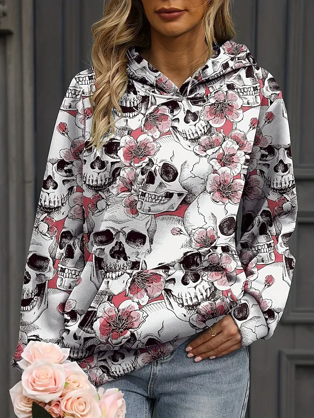 Women's Halloween Sweatshirt Pullover Active Sports Front Pocket Pink Blue Gray Floral Skull Halloween Casual Hoodie Long Sleeve Top Micro-elastic Fall & Winter