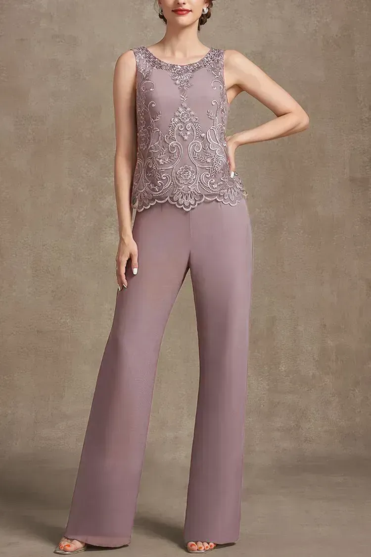 Plus Size Embroidery Chiffon Three Pieces Set Pant Suits
