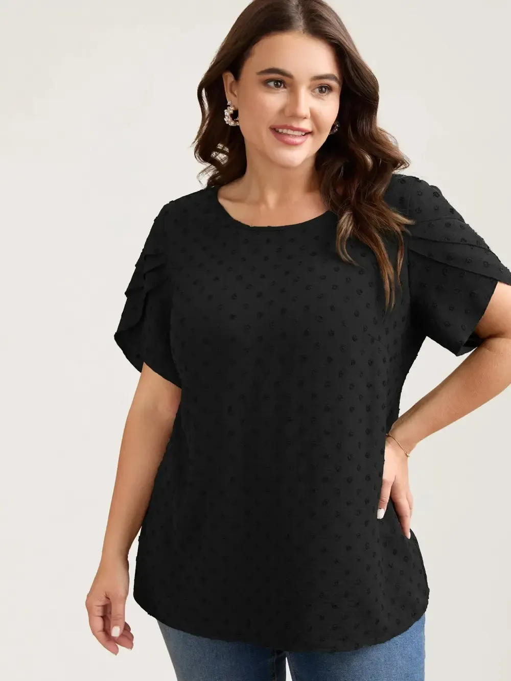 Textured Color Contrast Petal Sleeve Blouse