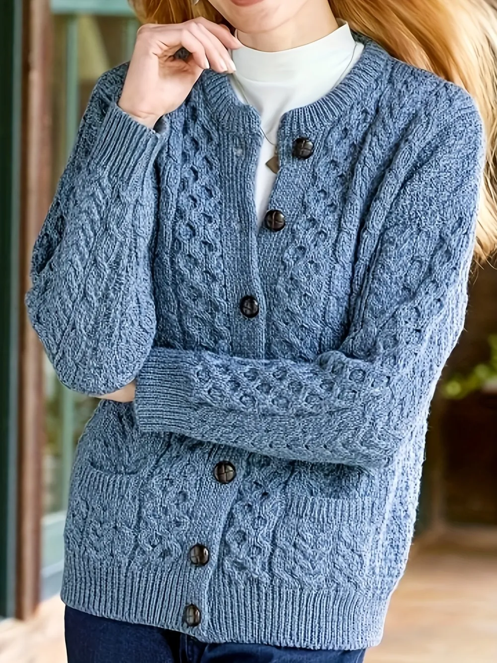 Cozy Chic Cardigan - Soft Knit, Crew Neck, Long Sleeve, Pocket Detail, Casual Women's Sweater for Everyday Wear