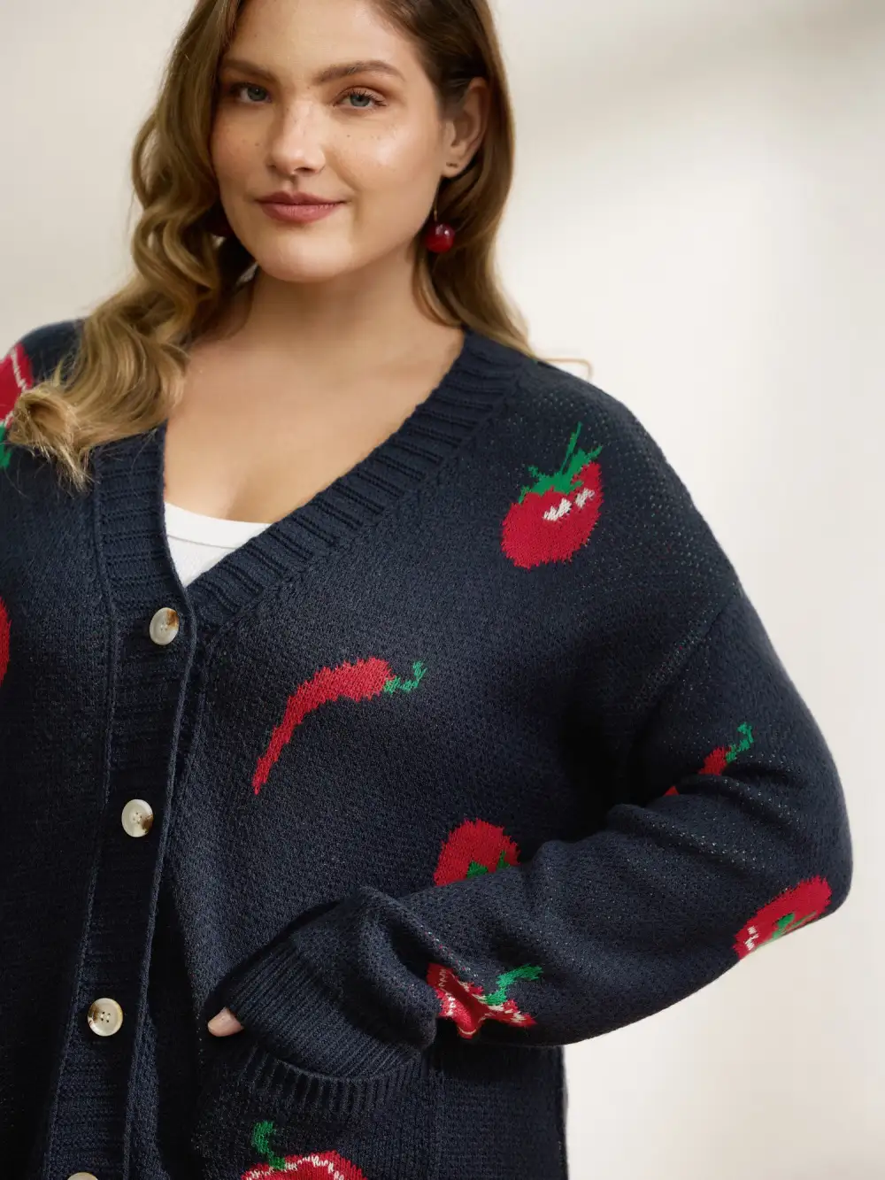 Tomato Chili Print Button Knit Cardigan