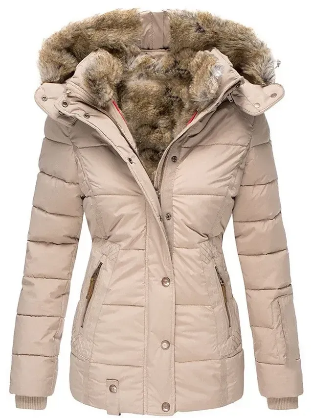 Women's Winter Parka Fleece Lined Puffer Jacket with Hood Pink Zipper Warm Coat with Pocket Active Comfortable Street Style Outerwear Long Sleeve